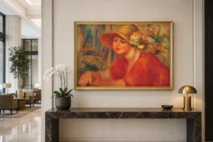 Framed print of Woman in Flowered Hat, Red Bodice, Hands Crossed hanging on a wall in a furnished room