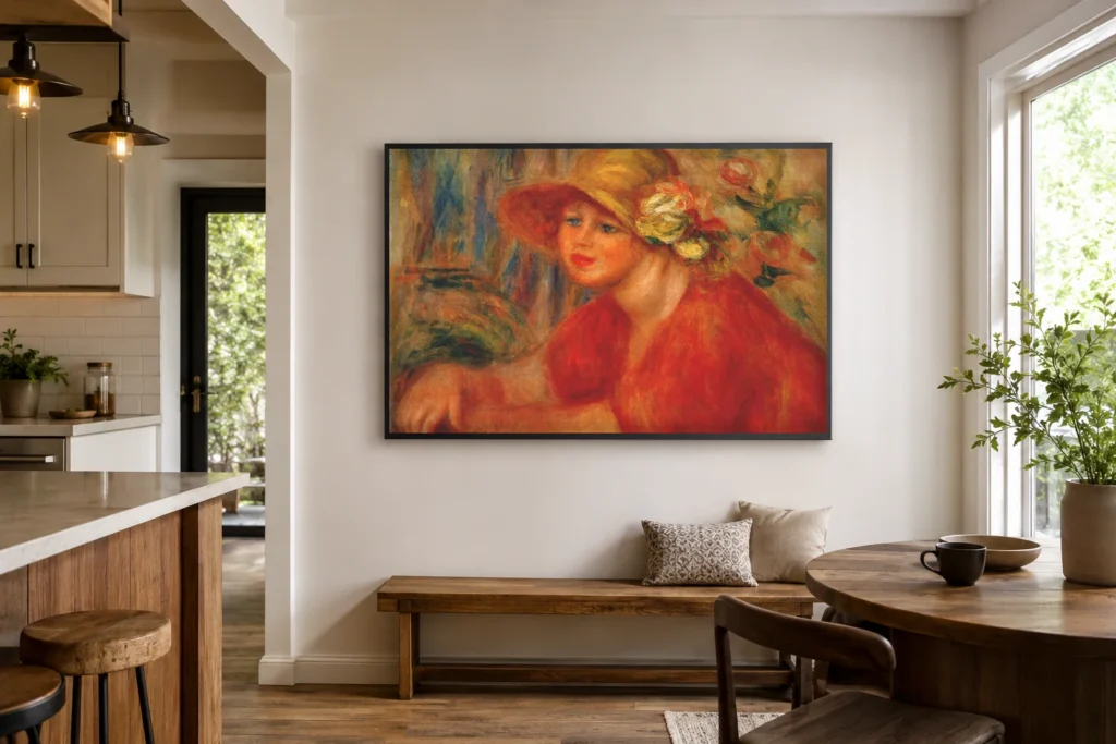 Framed print of Woman in Flowered Hat, Red Bodice, Hands Crossed hanging on a wall in a furnished room