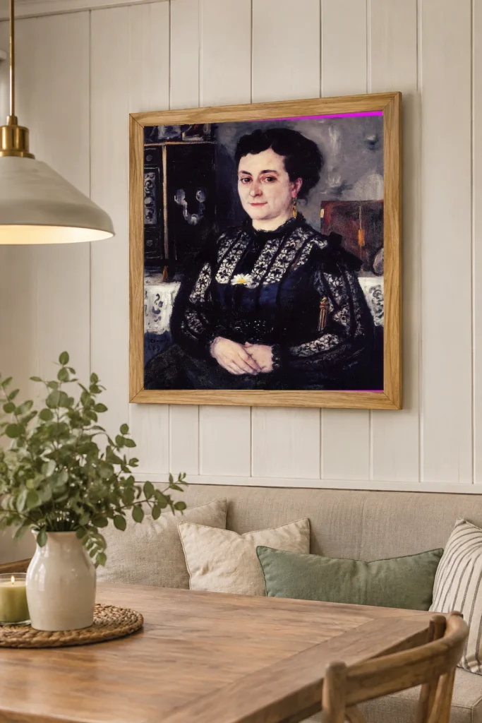 Framed print of Woman in Chantilly Bodice hanging on a wall in a furnished room