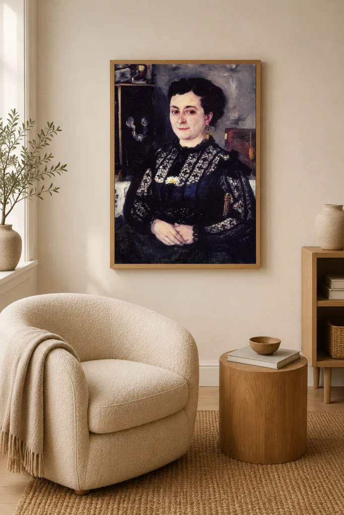 Framed print of Woman in Chantilly Bodice hanging on a wall in a furnished room