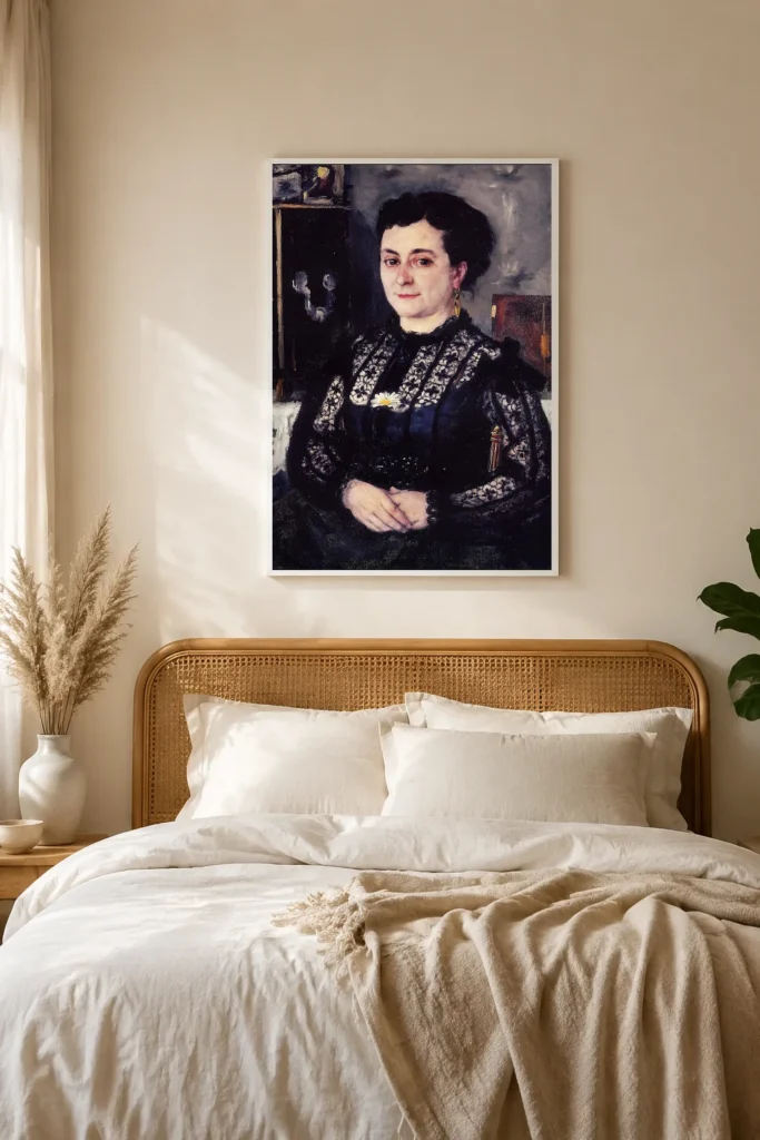 Framed print of Woman in Chantilly Bodice hanging on a wall in a furnished room