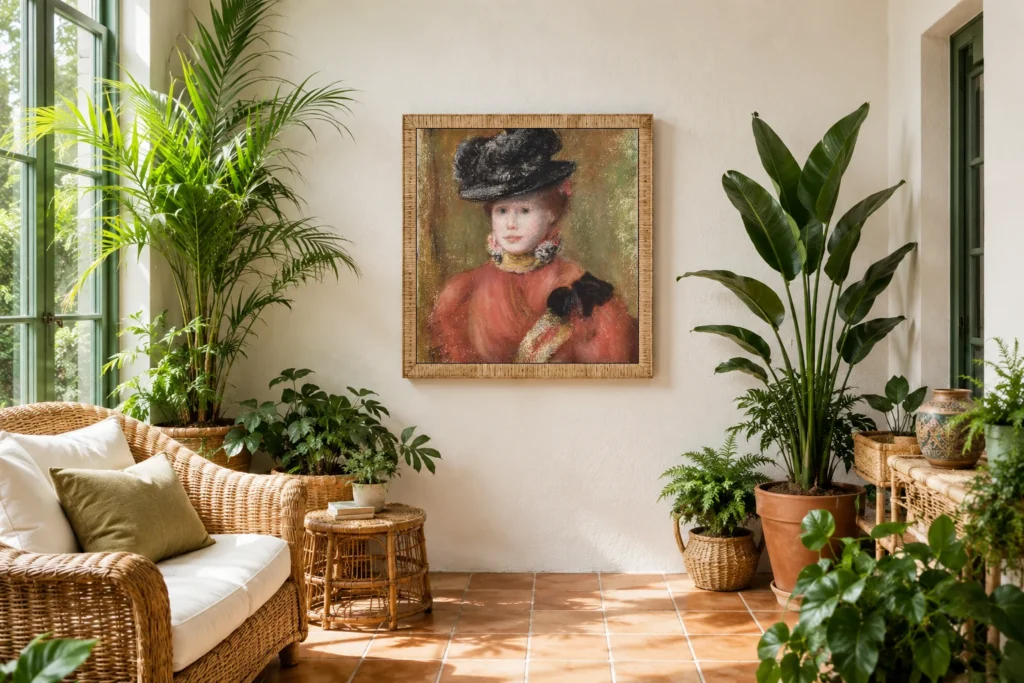 Framed print of Woman in Red Bodice and Black Hat, Yellow Collar hanging on a wall in a furnished room