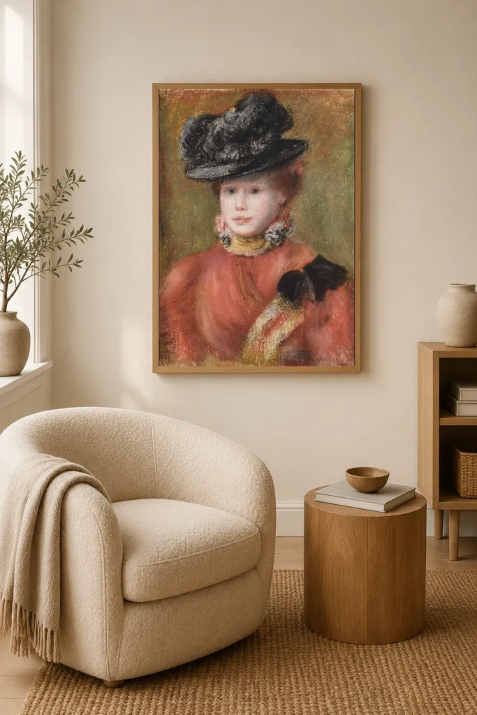Framed print of Woman in Red Bodice and Black Hat, Yellow Collar hanging on a wall in a furnished room