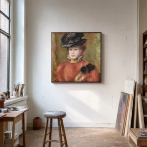 Framed print of Woman in Red Bodice and Black Hat, Yellow Collar hanging on a wall in a furnished room