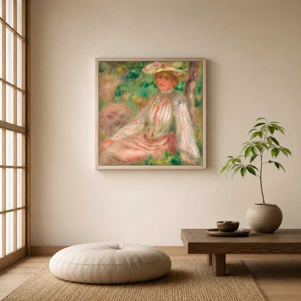 Framed print of Woman in Garden hanging on a wall in a furnished room