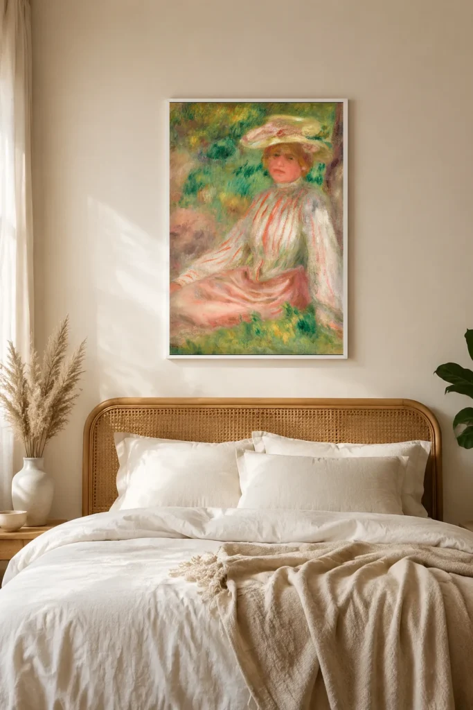 Framed print of Woman in Garden hanging on a wall in a furnished room