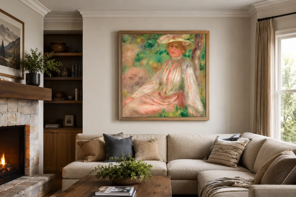 Framed print of Woman in Garden hanging on a wall in a furnished room