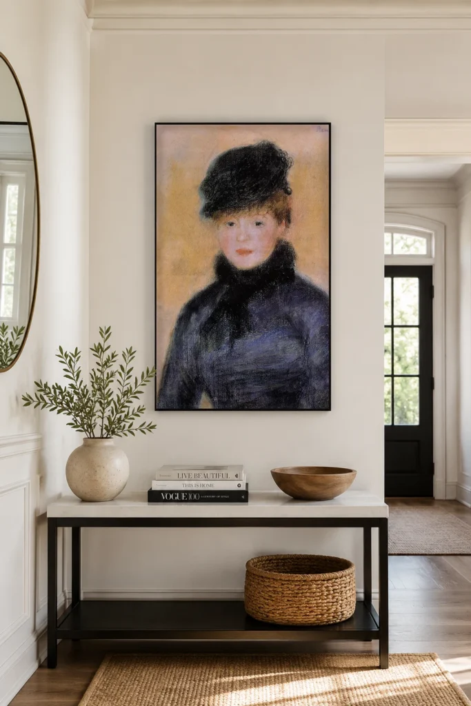 Framed print of Woman in Blue Coat hanging on a wall in a furnished room