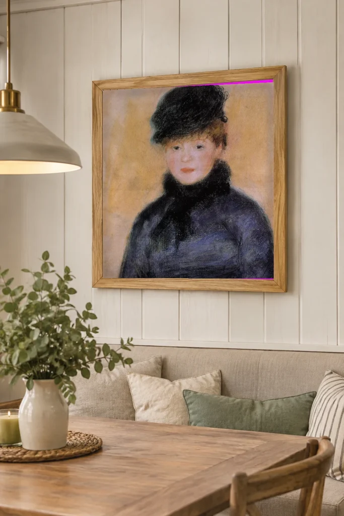 Framed print of Woman in Blue Coat hanging on a wall in a furnished room