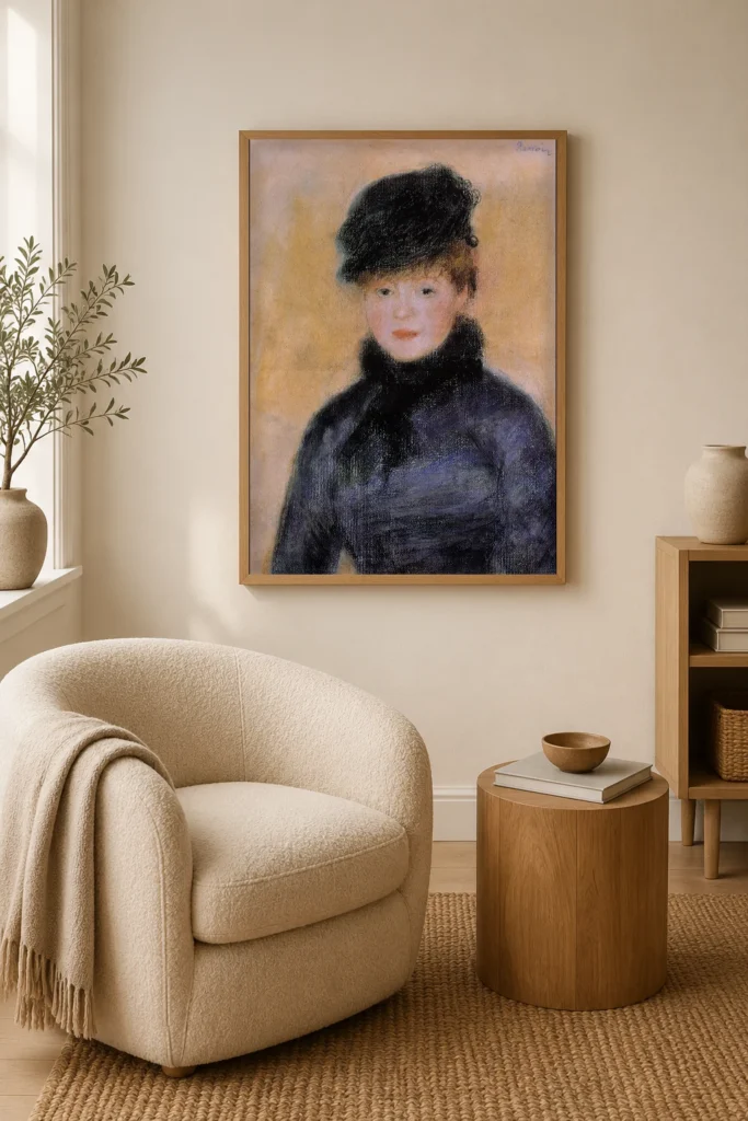 Framed print of Woman in Blue Coat hanging on a wall in a furnished room