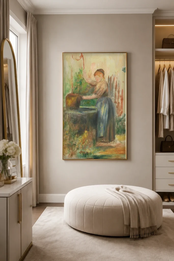 Framed print of Woman at the Well hanging on a wall in a furnished room