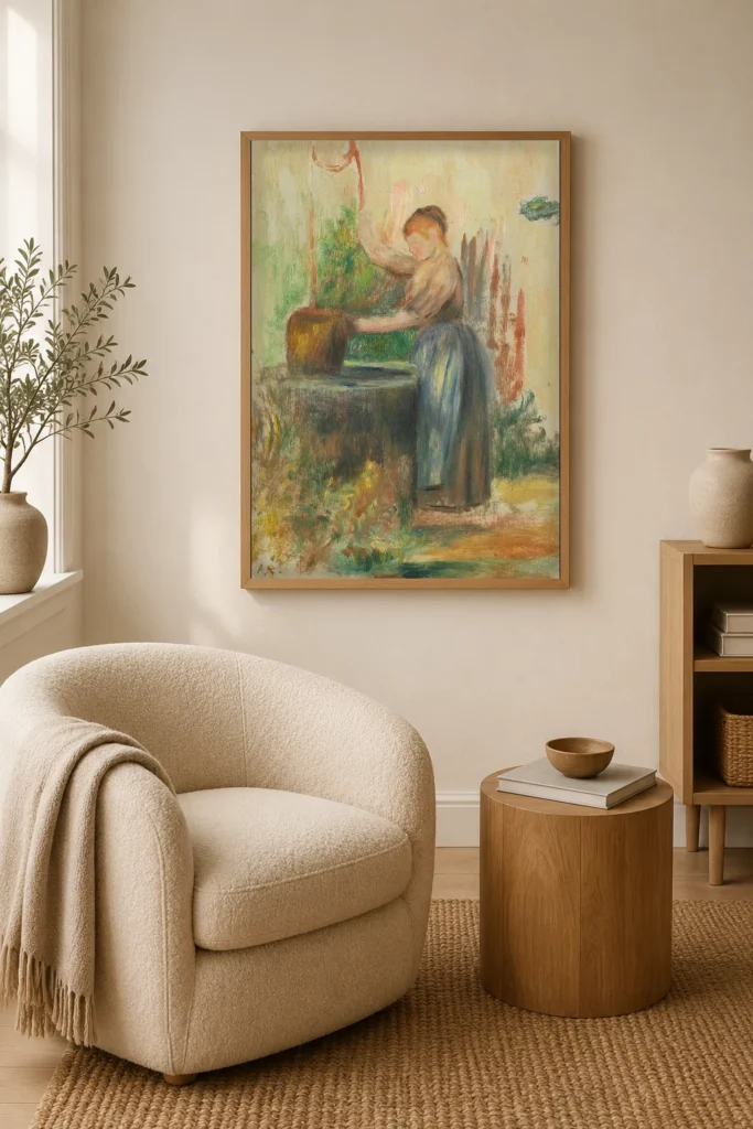 Framed print of Woman at the Well hanging on a wall in a furnished room
