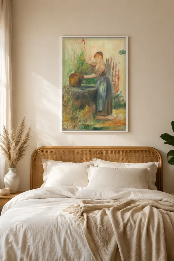 Framed print of Woman at the Well hanging on a wall in a furnished room