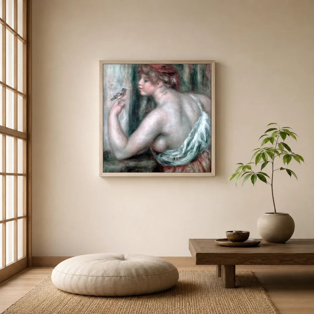 Framed print of Woman with Robin hanging on a wall in a furnished room