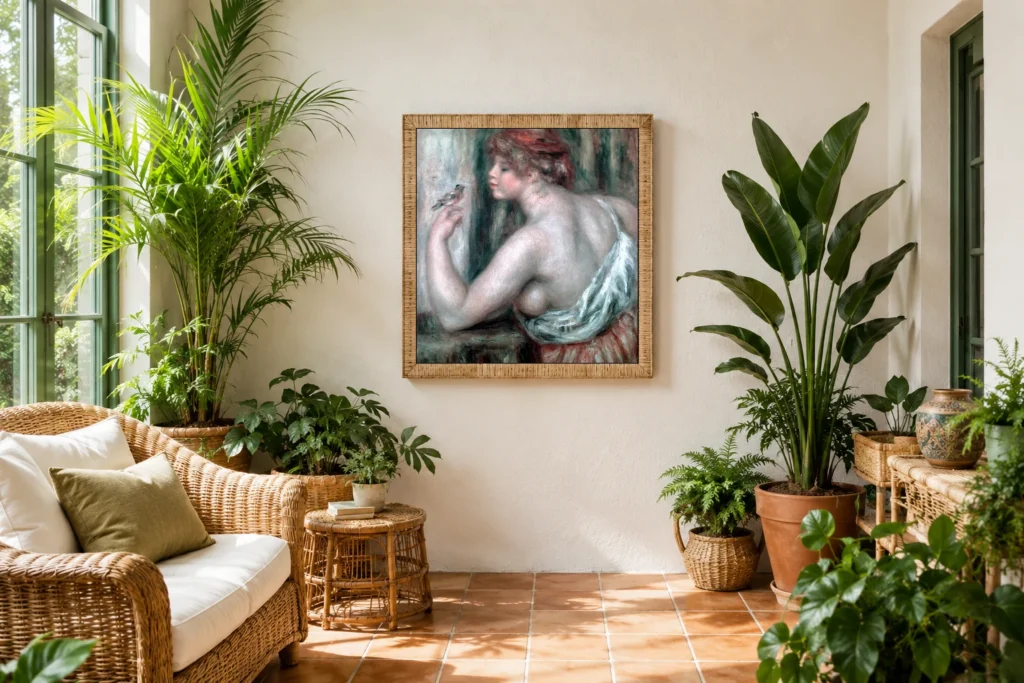 Framed print of Woman with Robin hanging on a wall in a furnished room