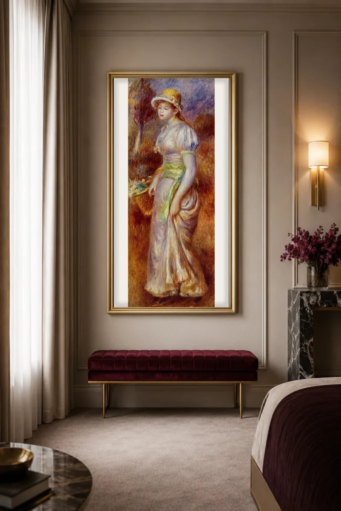 Framed print of Woman with Basket of Flowers hanging on a wall in a furnished room