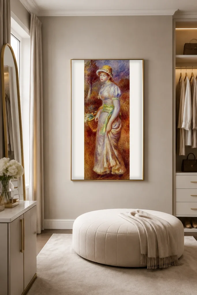 Framed print of Woman with Basket of Flowers hanging on a wall in a furnished room