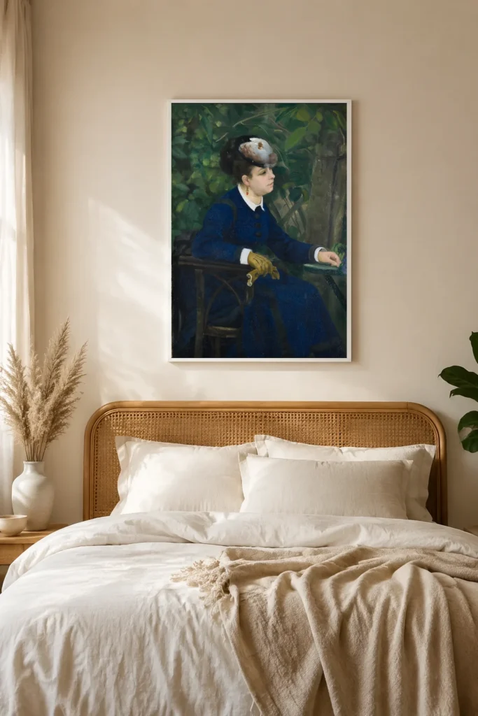 Framed print of Woman in a Garden hanging on a wall in a furnished room