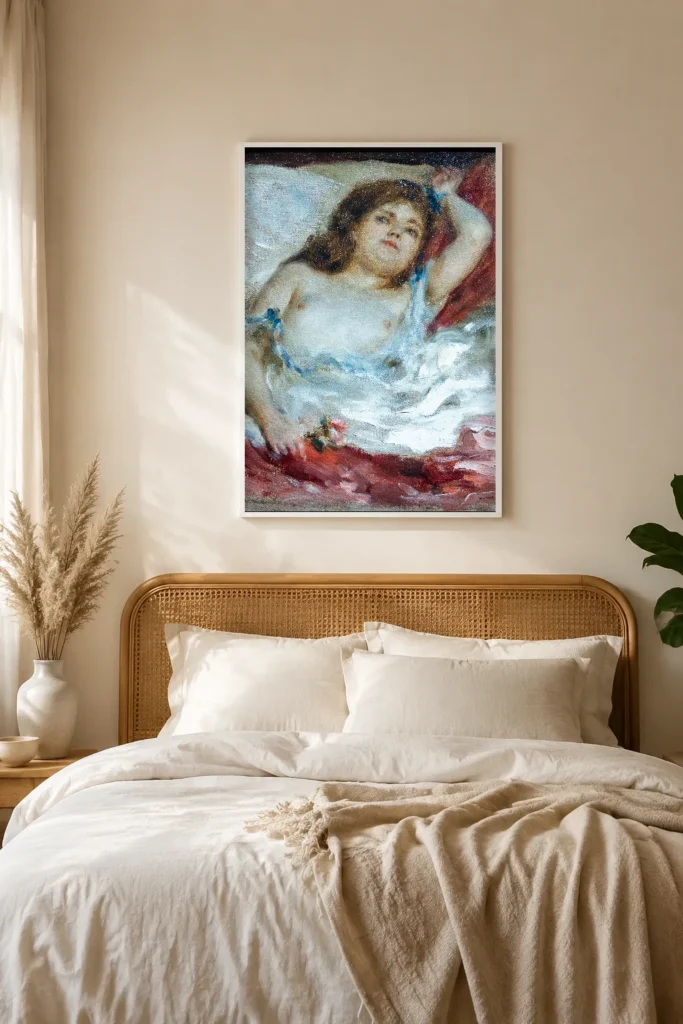 Framed print of Reclining Semi-Nude Woman: The Rose hanging on a wall in a furnished room