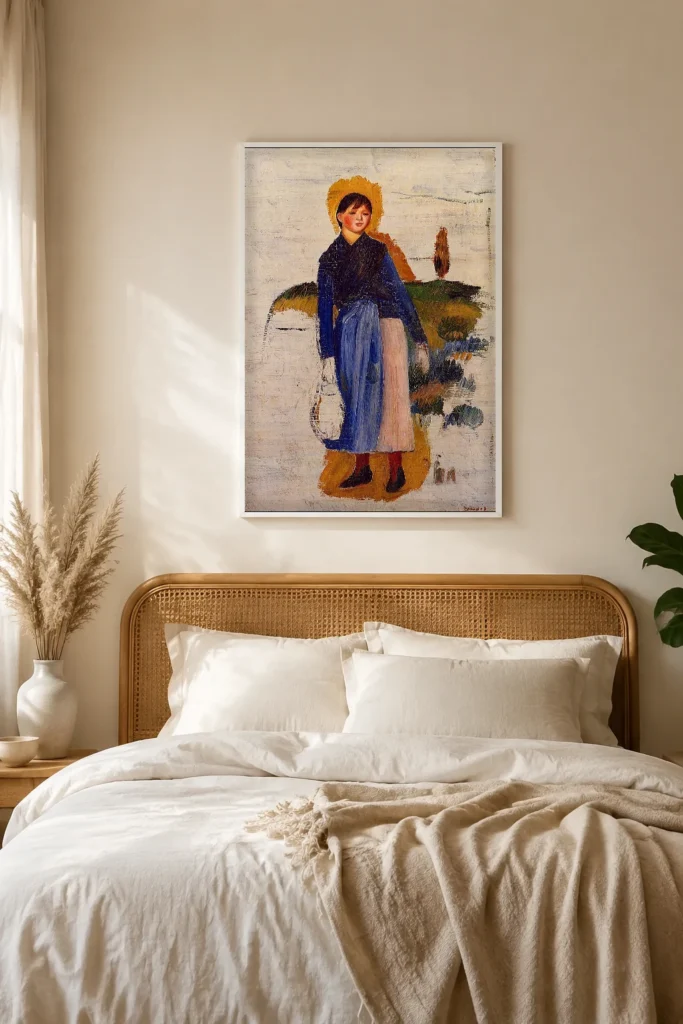 Framed print of Woman in Red Stockings hanging on a wall in a furnished room