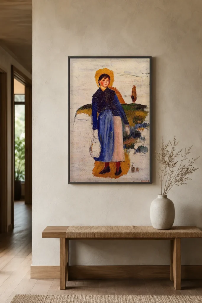 Framed print of Woman in Red Stockings hanging on a wall in a furnished room
