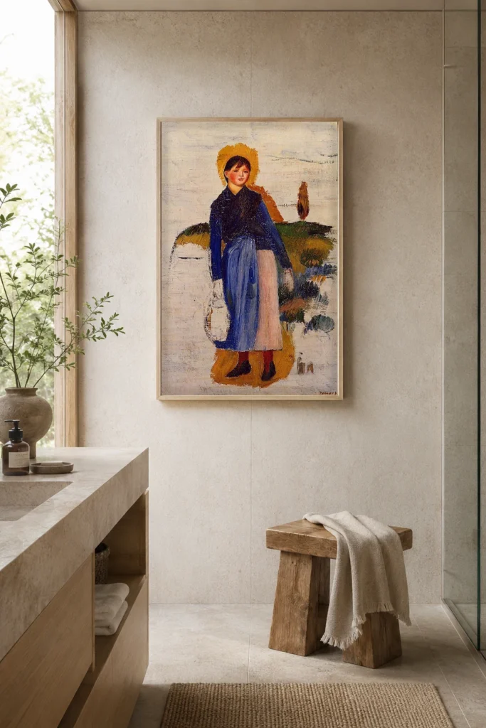 Framed print of Woman in Red Stockings hanging on a wall in a furnished room
