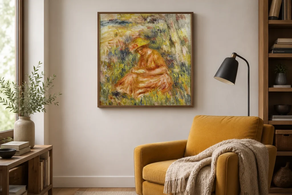 Framed print of Woman Reading in a Landscape hanging on a wall in a furnished room