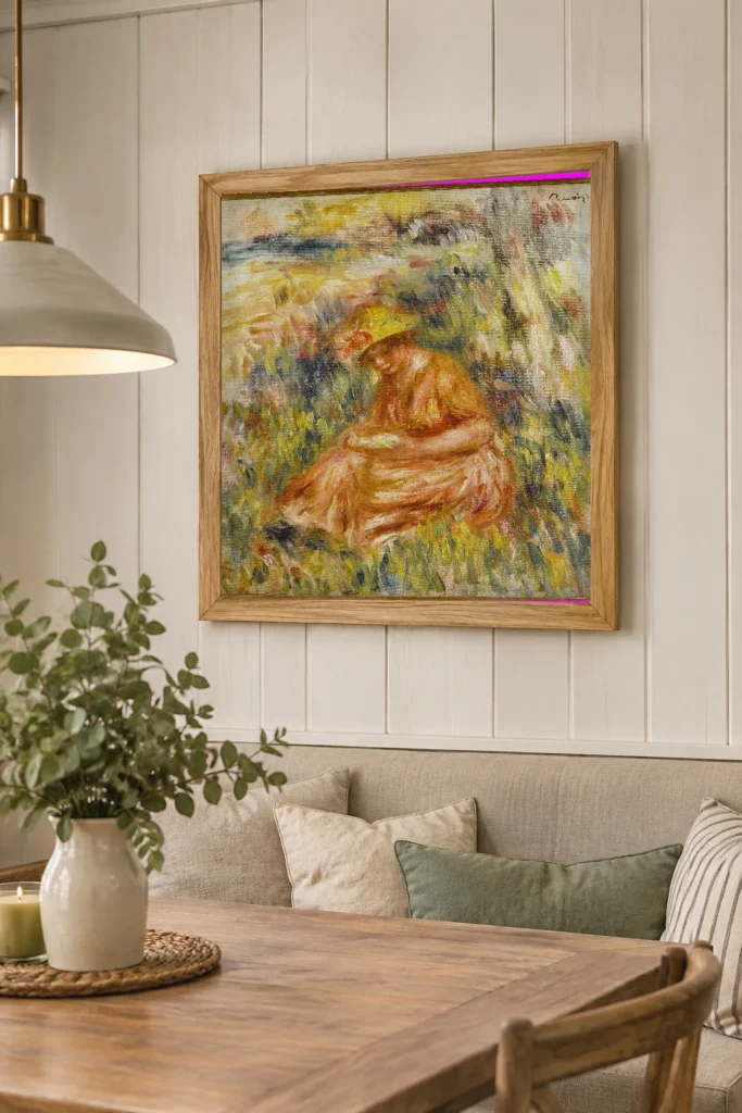 Framed print of Woman Reading in a Landscape hanging on a wall in a furnished room