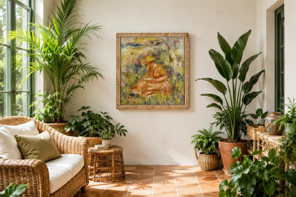 Framed print of Woman Reading in a Landscape hanging on a wall in a furnished room