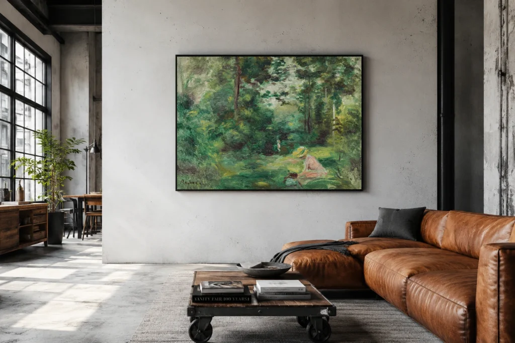 Framed print of Woman Reading in a Clearing hanging on a wall in a furnished room