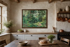 Framed print of Woman Reading in a Clearing hanging on a wall in a furnished room