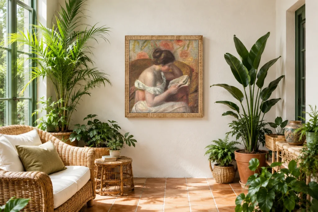 Framed print of Woman Reading, Flowered Wall hanging on a wall in a furnished room