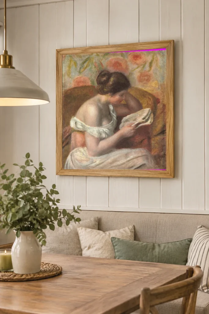 Framed print of Woman Reading, Flowered Wall hanging on a wall in a furnished room