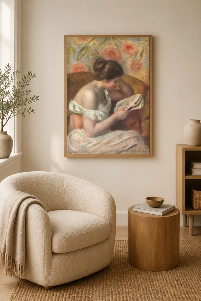 Framed print of Woman Reading, Flowered Wall hanging on a wall in a furnished room