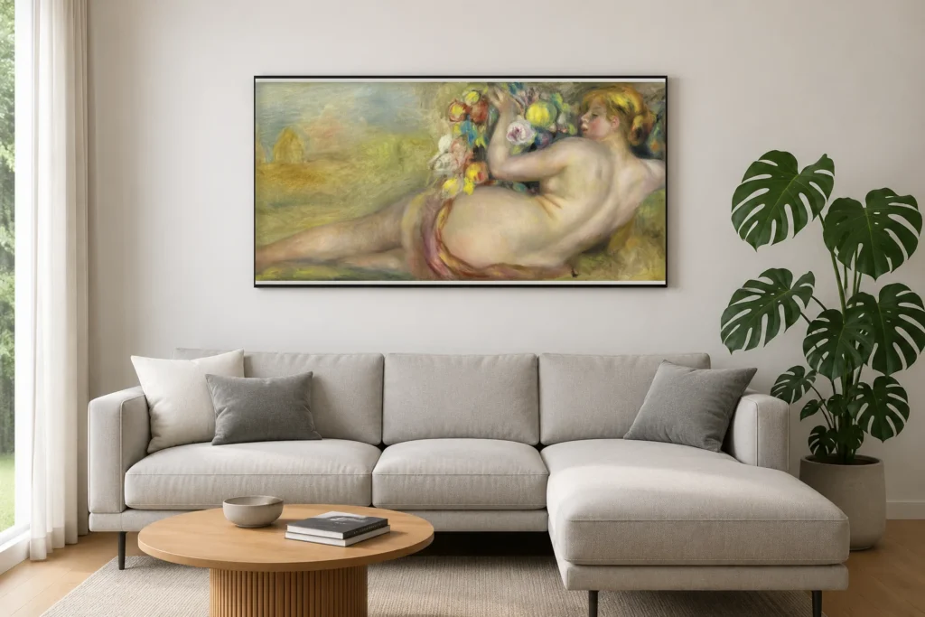 Framed print of Reclining Nude Woman Holding Fruit hanging on a wall in a furnished room