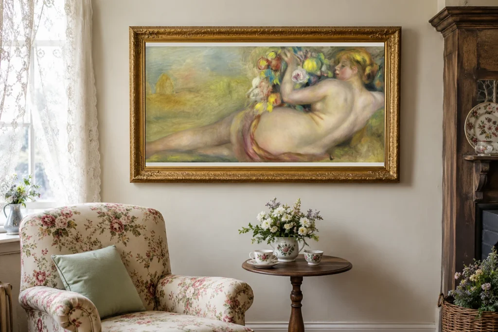 Framed print of Reclining Nude Woman Holding Fruit hanging on a wall in a furnished room