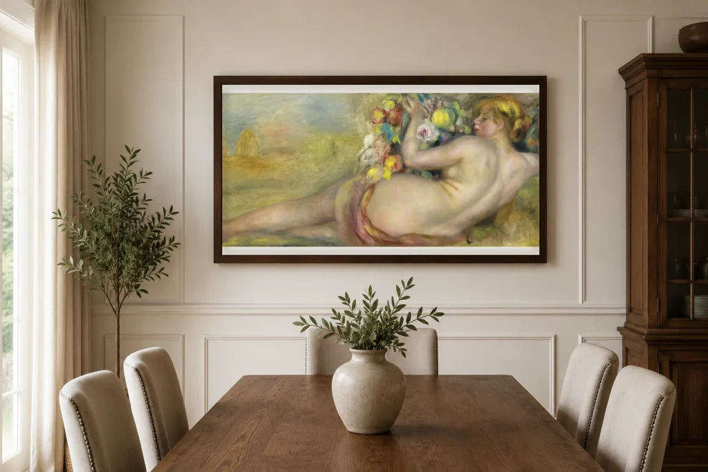 Framed print of Reclining Nude Woman Holding Fruit hanging on a wall in a furnished room