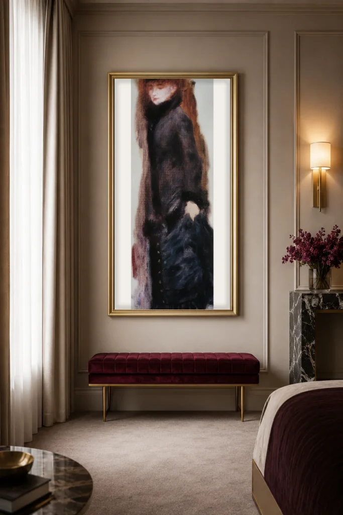 Framed print of Woman Lifting Her Skirt hanging on a wall in a furnished room