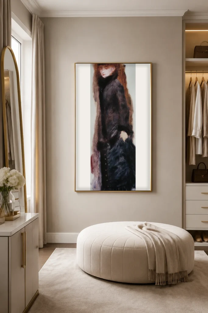Framed print of Woman Lifting Her Skirt hanging on a wall in a furnished room