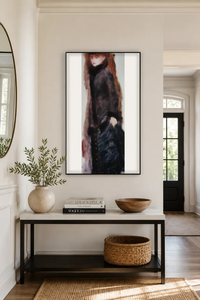 Framed print of Woman Lifting Her Skirt hanging on a wall in a furnished room