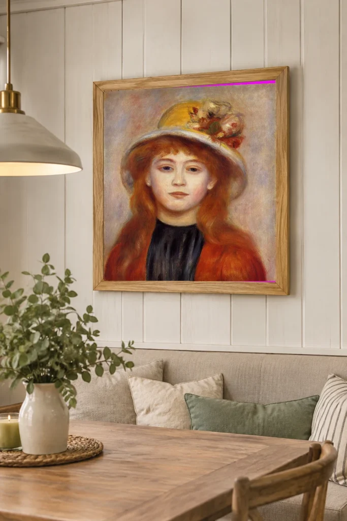Framed print of Red-Haired Woman Wearing a Hat hanging on a wall in a furnished room