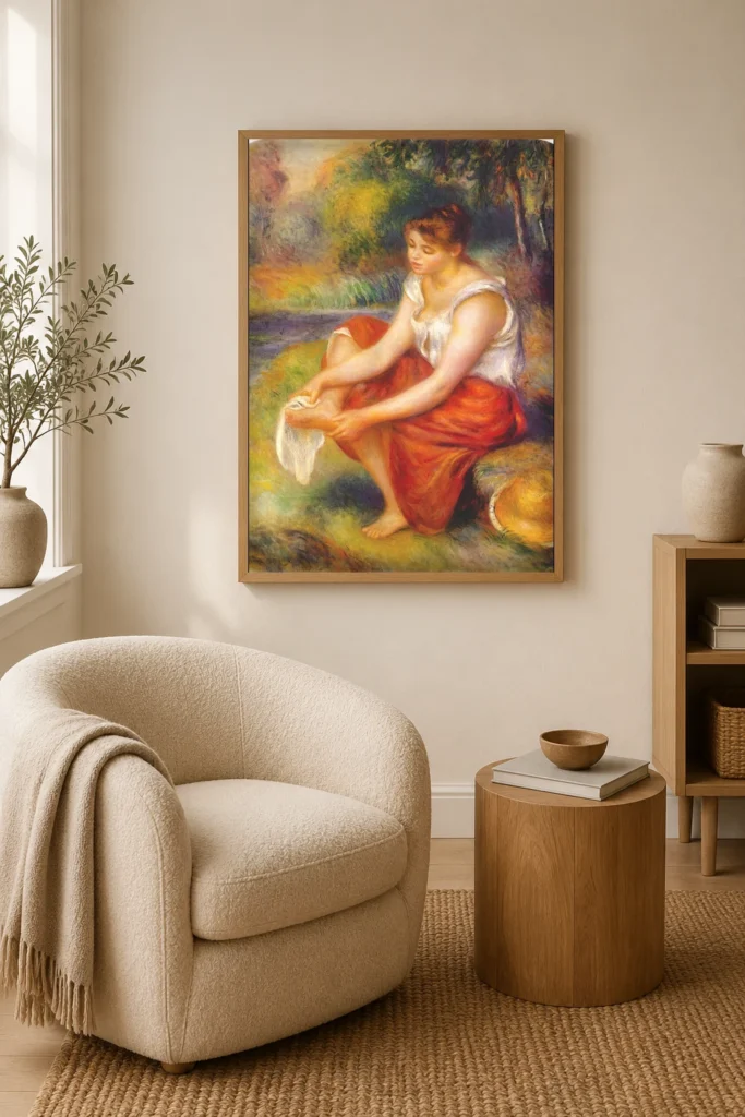 Framed print of Woman Drying Her Feet hanging on a wall in a furnished room