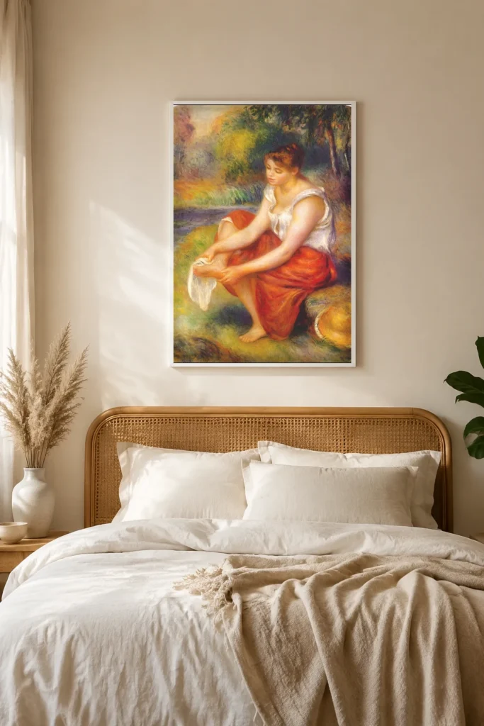 Framed print of Woman Drying Her Feet hanging on a wall in a furnished room