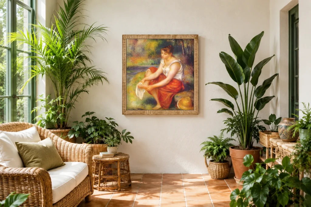 Framed print of Woman Drying Her Feet hanging on a wall in a furnished room