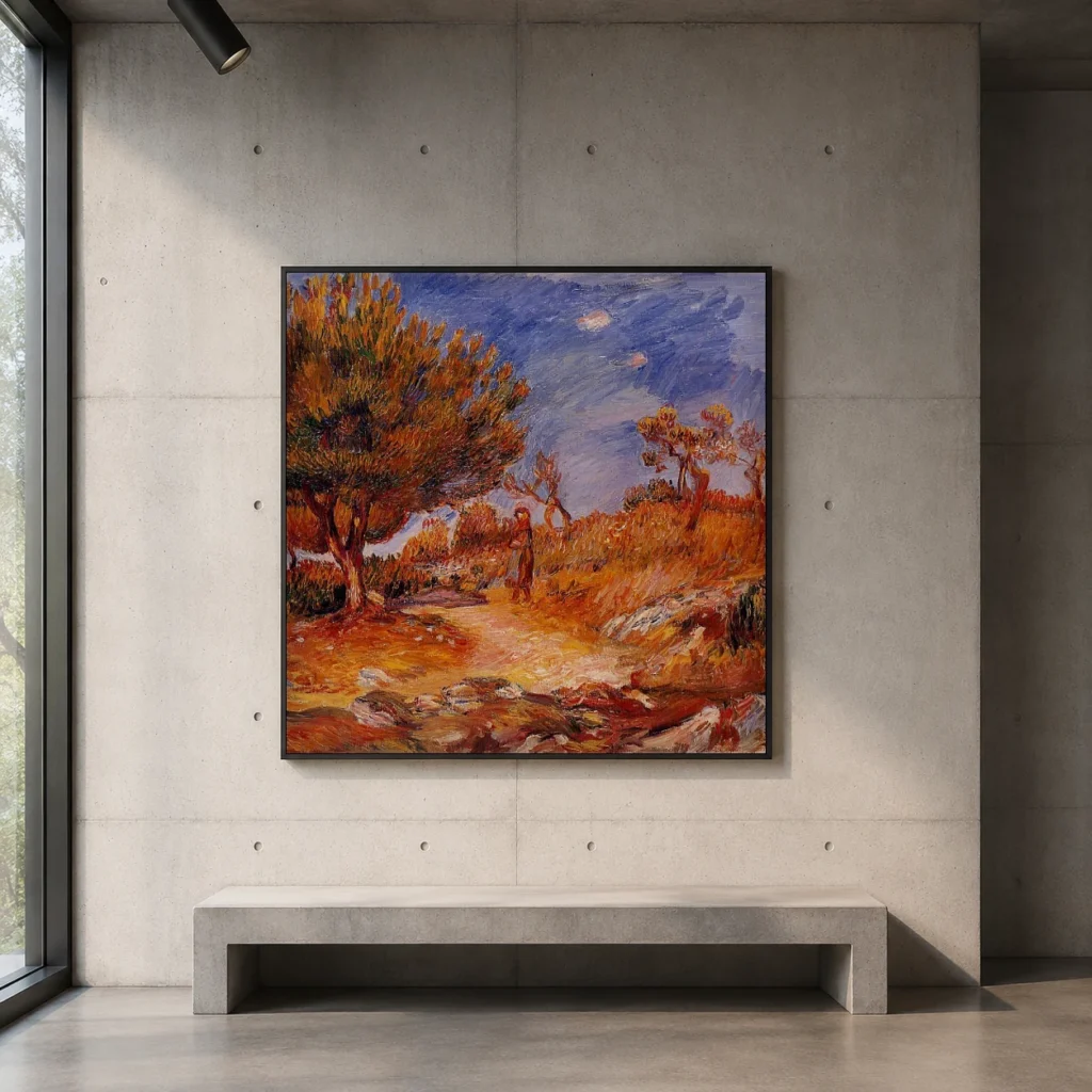 Framed print of Woman Under a Tree hanging on a wall in a furnished room