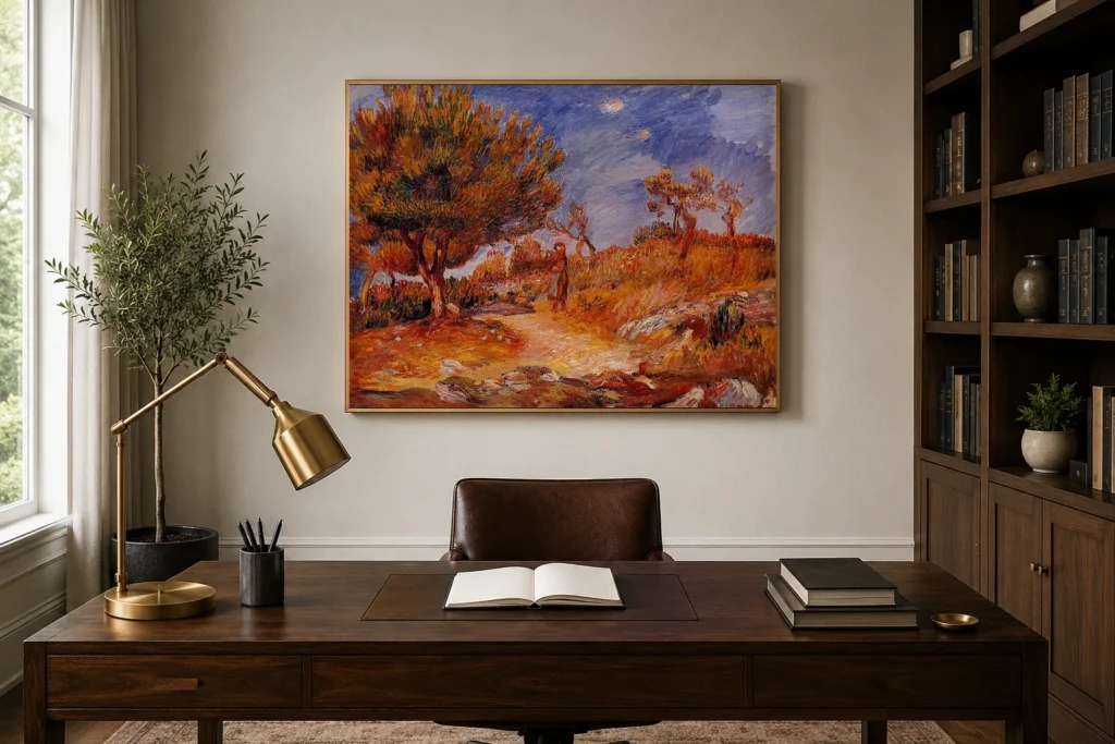 Framed print of Woman Under a Tree hanging on a wall in a furnished room