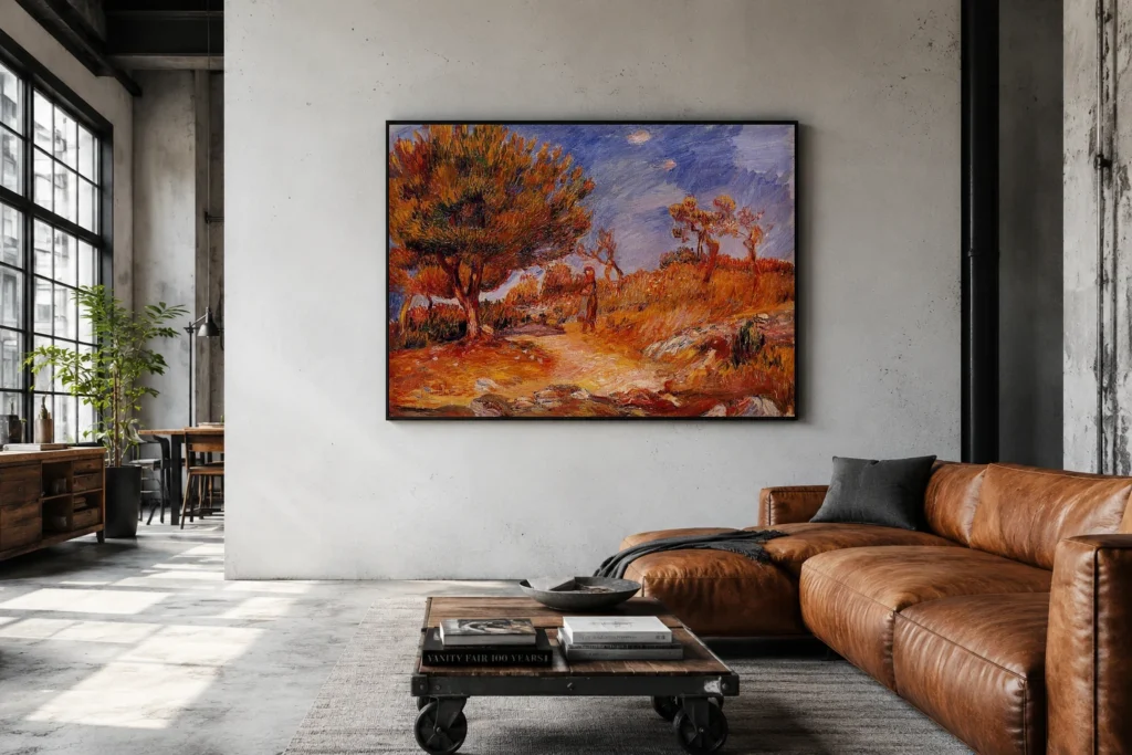 Framed print of Woman Under a Tree hanging on a wall in a furnished room