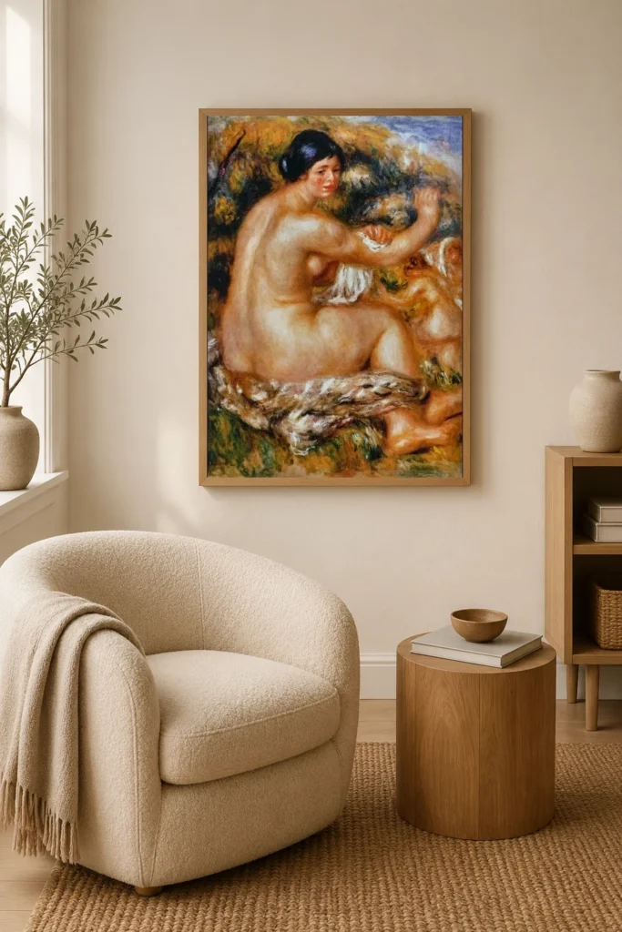 Framed print of Woman Drying Herself hanging on a wall in a furnished room