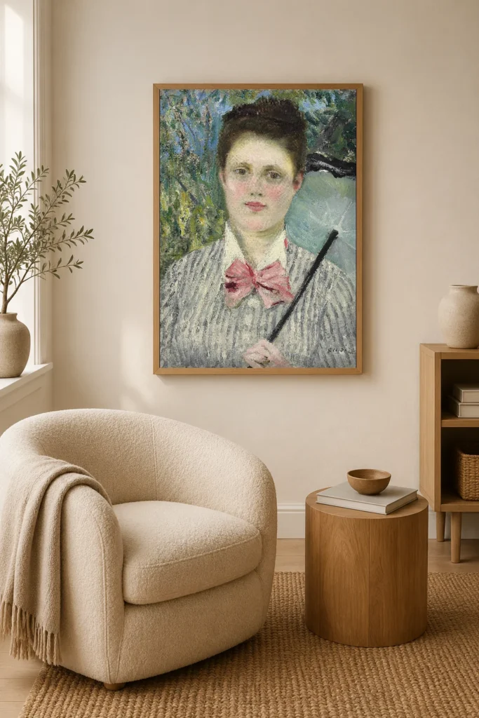 Framed print of Woman with a Sunshade hanging on a wall in a furnished room