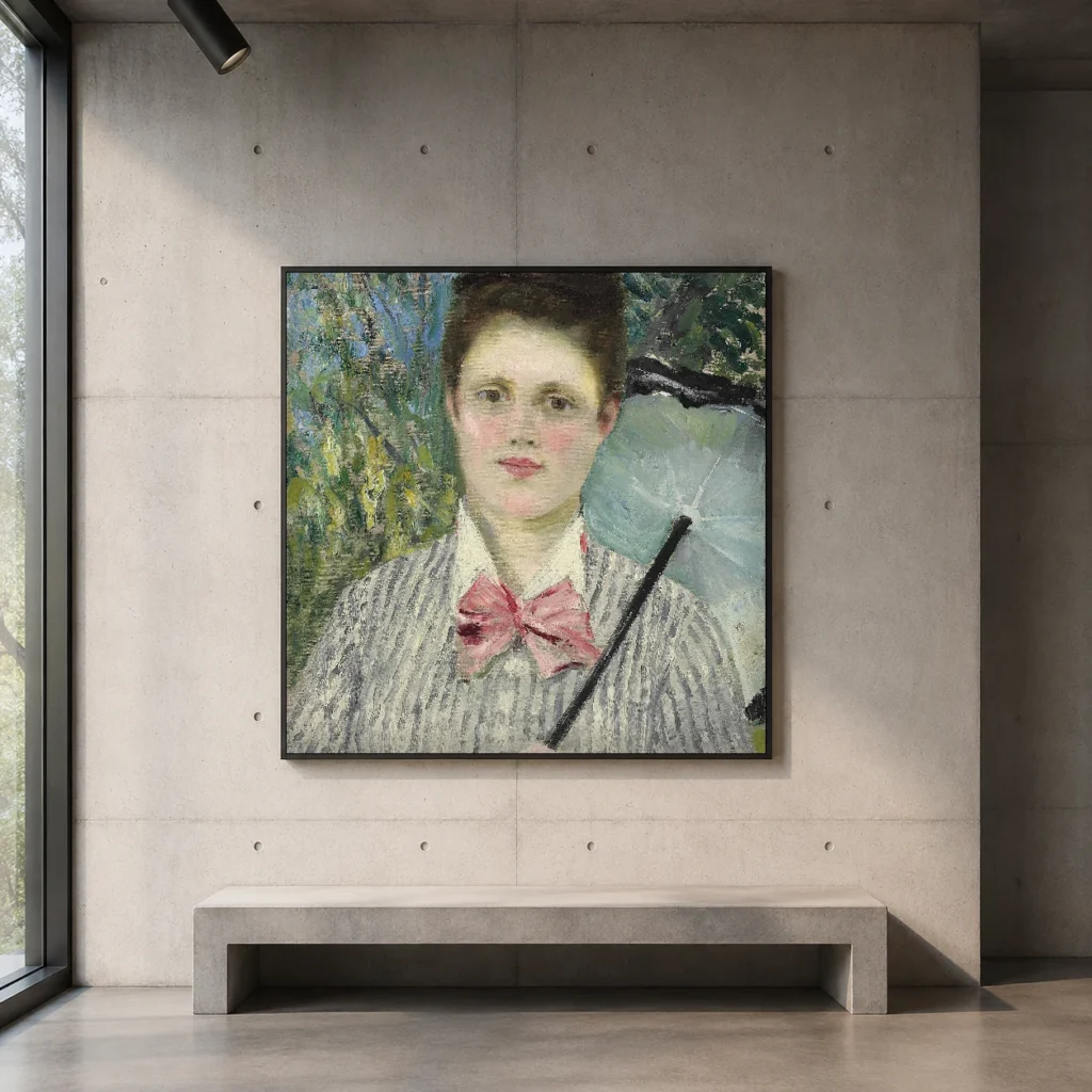 Framed print of Woman with a Sunshade hanging on a wall in a furnished room